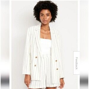 Old Navy Double-Breasted Linen-Blend Blazer Navy Stripe M